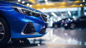 A row of colorful cars at a dealership with a focus on the vibrant front bumpers, showcasing designs and details photo