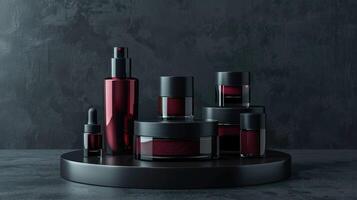 AI generated Red cosmetic tubes and jars on a circular pedestal with dark shadows, dramatic lighting, and leaf silhouette. Mockup, template photo