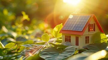 AI generated A model house with a green leaf on the roof is placed next to solar panels with a bright, sunlit background, symbolizing eco-friendly energy solutions for smart homes photo