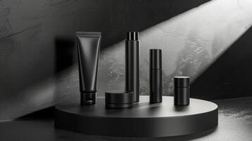 AI generated A collection of unbranded black beauty product packaging on a circular platform with a textured dark background illuminated by a slanted light beam, stand with copy space for text photo