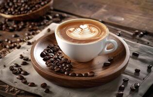 ai generado un humeante taza de latté Arte café descansando en un de madera superficie, rodeado por café frijoles y arpillera, evocando un cálido, acogedor atmósfera foto