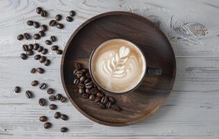 AI generated A top-down view of a cup of latte with artistic foam, surrounded by coffee beans on a wooden tray and white textured surface photo