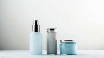 AI generated A trio of sleek cosmetic bottles with a minimalist design on a muted backdrop, perfect for branding photo