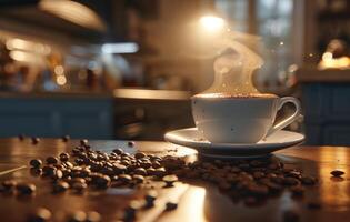 AI generated A steaming cup of coffee with latte art on a saucer decorated with coffee beans, on a rustic wooden table in a cozy kitchen setting photo