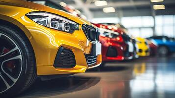 AI generated A lineup of colorful luxury cars in a show room, showcasing a prominent yellow car in front with a focus on the headlight and grille photo