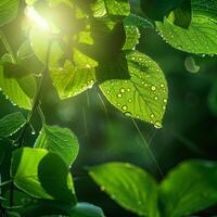 AI generated Sunlight filters through green leaves dotted with water droplets, casting rays of light in a tranquil forest scene photo