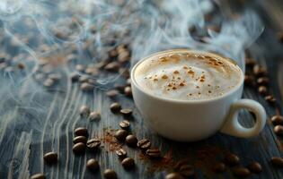 ai generado un humeante taza de latté Arte café descansando en un de madera superficie, rodeado por café frijoles y arpillera, evocando un cálido, acogedor atmósfera foto