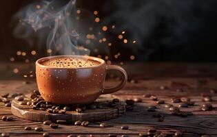 ai generado un cálido, atractivo taza de café emite vapor en un rústico de madera mesa en medio de dispersado café frijoles, con un bokeh ligero fondo foto