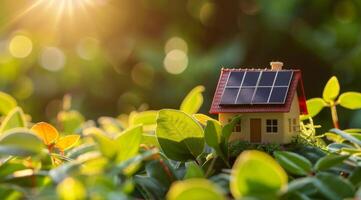 AI generated A model house with a green leaf on the roof is placed next to solar panels with a bright, sunlit background, symbolizing eco-friendly energy solutions for smart homes photo