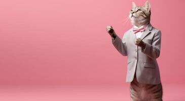 AI generated A stylish cat with a white coat, sunglasses, and a bow tie is striking a playful pose against a solid pink background, providing ample copy space for text on the side. photo