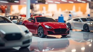 AI generated A close-up view of a shiny red car in a showroom with other vehicles in the background. The focus is on the front headlight and grille area photo