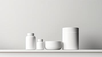 AI generated Three blank cosmetic bottles and a cream jar on a white shelf against a light background, ideal for branding mockups photo