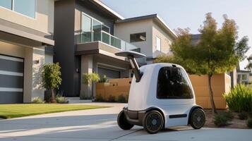 AI generated Autonomous electric delivery vehicle parked in front of a modern suburban home, the side door sliding open to reveal an array of parcels and grocery bags for contactless delivery photo