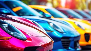 AI generated A vibrant lineup of sports cars with a focus on a red car's front. The blurred background shows various colorful cars arranged in a row photo