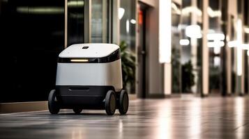 AI Generated The photo shows a compact, autonomous delivery robot with a polished design, navigating a corridor indoors, possibly ready for contactless delivery