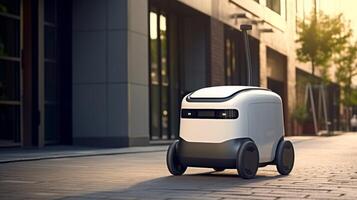 AI Generated The photo shows a compact, autonomous delivery robot with a polished design, navigating a corridor indoors, possibly ready for contactless delivery