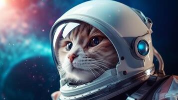 AI generated A cat in an astronaut helmet gazes into space, with cosmic backgrounds of stars and nebulae. The image displays a creative blend of sci-fi and pet themes photo