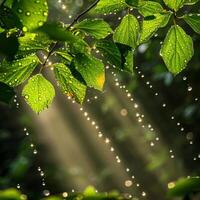 AI generated Sunlight filters through green leaves dotted with water droplets, casting rays of light in a tranquil forest scene photo