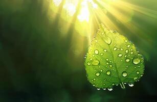 AI generated A close-up of a green leaf with water droplets under sunlight, highlighting the intricate patterns and fresh appearance of the foliage photo