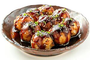 ai generado takoyaki servido en un plato aislado en un blanco antecedentes foto