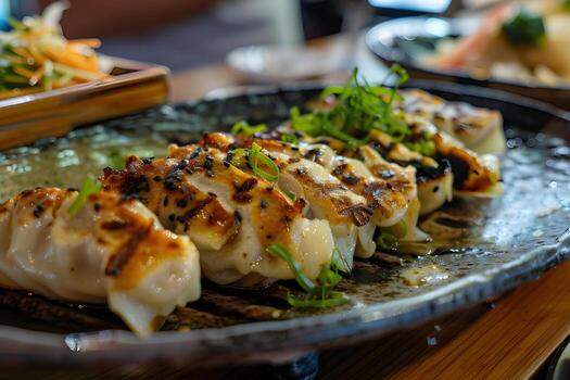 ai generado A la parrilla gyoza empanadillas servido en un plato foto