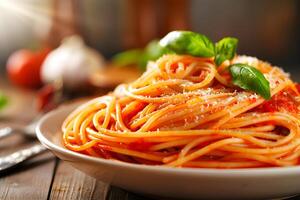 AI generated Spaghetti pasta with tomato sauce, mozzarella cheese and fresh basil in plate on wooden background photo