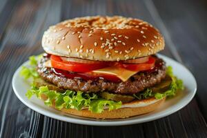 ai generado hamburguesa con carne de vaca empanada, queso, y vegetales en el mesa foto