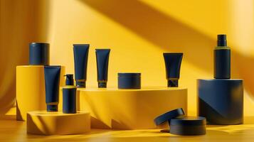 AI generated Navy blue cosmetic packages on a yellow background with shadows, a tube, jar, and bottle on pedestals photo