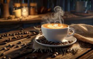 AI generated A steaming cup of coffee with latte art on a saucer decorated with coffee beans, on a rustic wooden table in a cozy kitchen setting photo