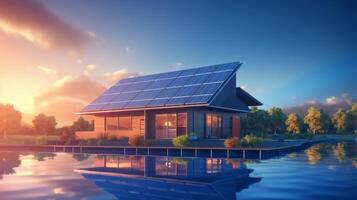 AI generated A modern house with a solar panel installation on the roof at sunset, depicting sustainable living and renewable energy photo