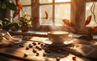 AI generated A steaming cup of coffee with latte art on a saucer decorated with coffee beans, on a rustic wooden table in a cozy kitchen setting photo