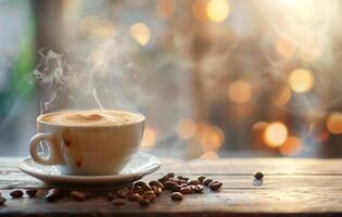AI generated Steaming cup of coffee with artistic latte foam art on a rustic wooden table, coffee beans scattered alongside photo