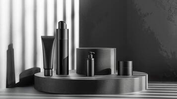 AI generated A collection of unbranded black beauty product packaging on a circular platform with a textured dark background illuminated by a slanted light beam, stand with copy space for text photo