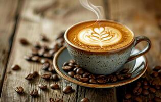 AI generated Steaming cup of coffee with artistic latte foam art on a rustic wooden table, coffee beans scattered alongside photo