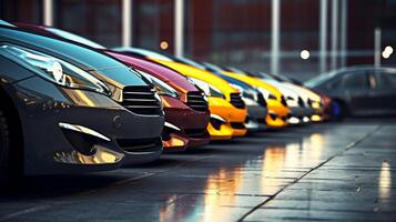 AI generated A row of luxury cars in various colors is displayed in a showroom, with focus on a red vehicle's front side and wheel photo