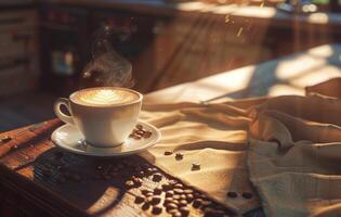 AI generated A steaming cup of coffee with latte art on a saucer decorated with coffee beans, on a rustic wooden table in a cozy kitchen setting photo