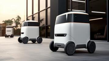 AI Generated The photo shows a compact, autonomous delivery robot with a polished design, navigating a corridor indoors, possibly ready for contactless delivery