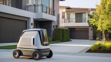 AI generated Autonomous electric delivery vehicle parked in front of a modern suburban home, the side door sliding open to reveal an array of parcels and grocery bags for contactless delivery photo