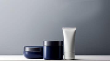 AI generated Three minimalist cosmetic jars in navy blue and white are displayed against a soft gradient background, perfect for beauty branding photo