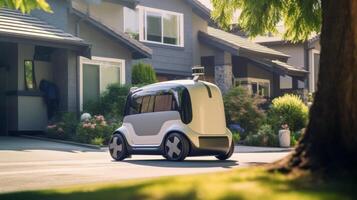 AI generated Autonomous electric delivery vehicle parked in front of a modern suburban home, the side door sliding open to reveal an array of parcels and grocery bags for contactless delivery photo