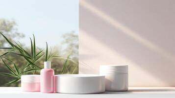 AI generated A serene cosmetic mockup with a pastel tone cream jar and lotion bottle, accompanied by delicate pink flowers, all bathed in soft light photo