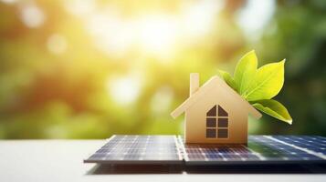 AI generated A model house with a green leaf on the roof is placed next to solar panels with a bright, sunlit background, symbolizing eco-friendly energy solutions for smart homes photo