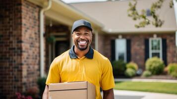 ai generado un alegre entrega hombre en un amarillo uniforme con un gorra sonrisas, participación un paquete, Listo a hacer un peldaño entrega en un residencial zona foto