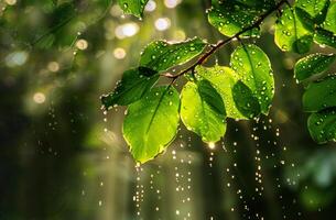 AI generated Sunlight filters through green leaves dotted with water droplets, casting rays of light in a tranquil forest scene photo