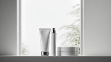 AI generated Three blank cosmetic bottles and a cream jar on a white shelf against a light background, ideal for branding mockups photo