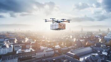 AI generated Close-up shot of a person's hands receiving a food delivery from a drone right outside their apartment window, high-rise buildings in the background, warm lighting photo