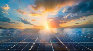 AI generated A vast solar panel array captures the golden rays of the setting sun, highlighting renewable energy potential photo
