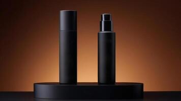 AI generated Black skin care products on a dark round podium stand with copy space and place for text, mockup, template, on a black to gray gradient background photo