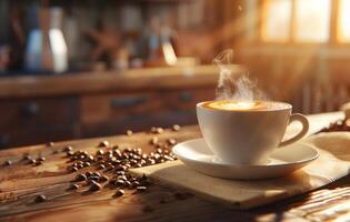 AI generated A steaming cup of coffee with latte art on a saucer decorated with coffee beans, on a rustic wooden table in a cozy kitchen setting photo
