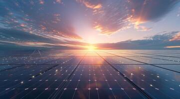 AI generated A vast solar panel array captures the golden rays of the setting sun, highlighting renewable energy potential photo